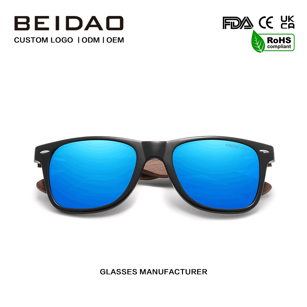 Modern Walnut Anti-Reflective Retro Blue Lens Sunglasses