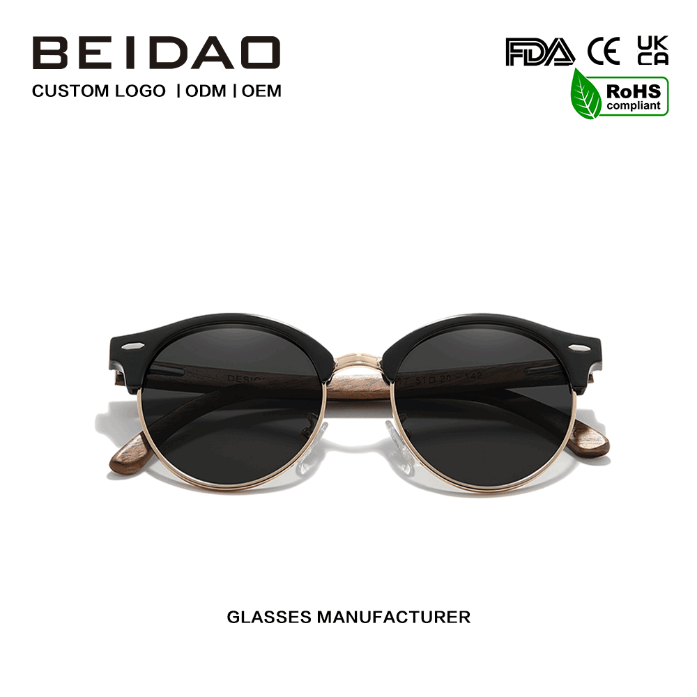Walnut Wooden Round Half Rim Polarized Sunglasses