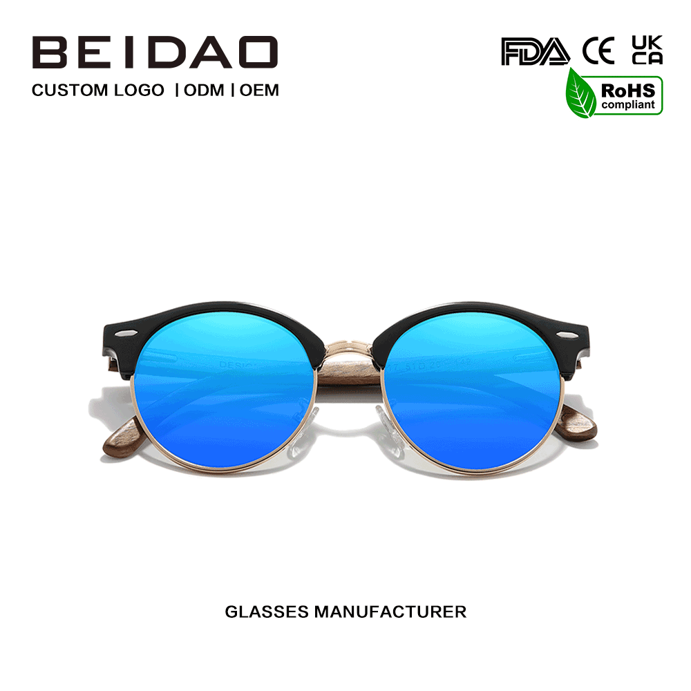 Walnut Wooden Round UV400 Blue Polarized Sunglasses